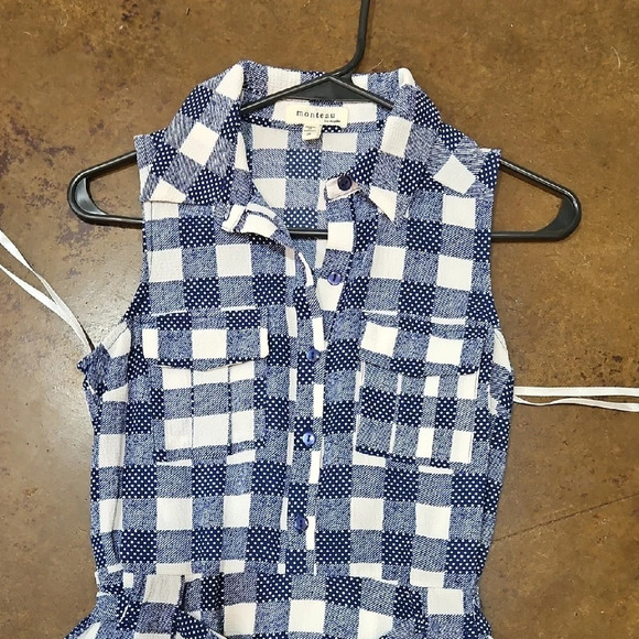 Monteau Blue and White Sleeveless Notched Collar Mini Dress - Picture 3 of 6